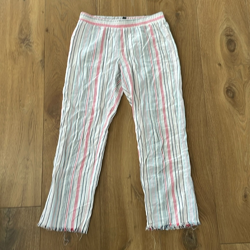 Drew M Beach stripe Pants- elastic waist loose cropped with fringe bottom